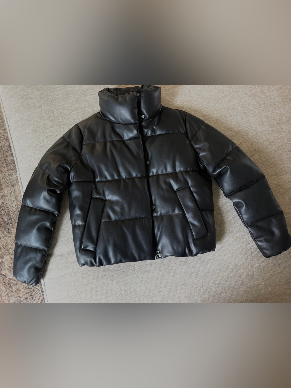 Calvin Klein Black Faux Leather Funnel Neck Puffer Jacket XS